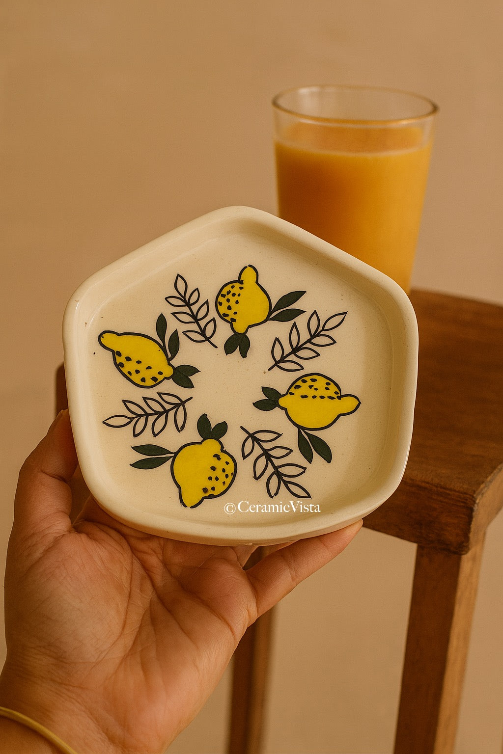 Handmade Lemon Motif Ceramic Plates – Set of 2
