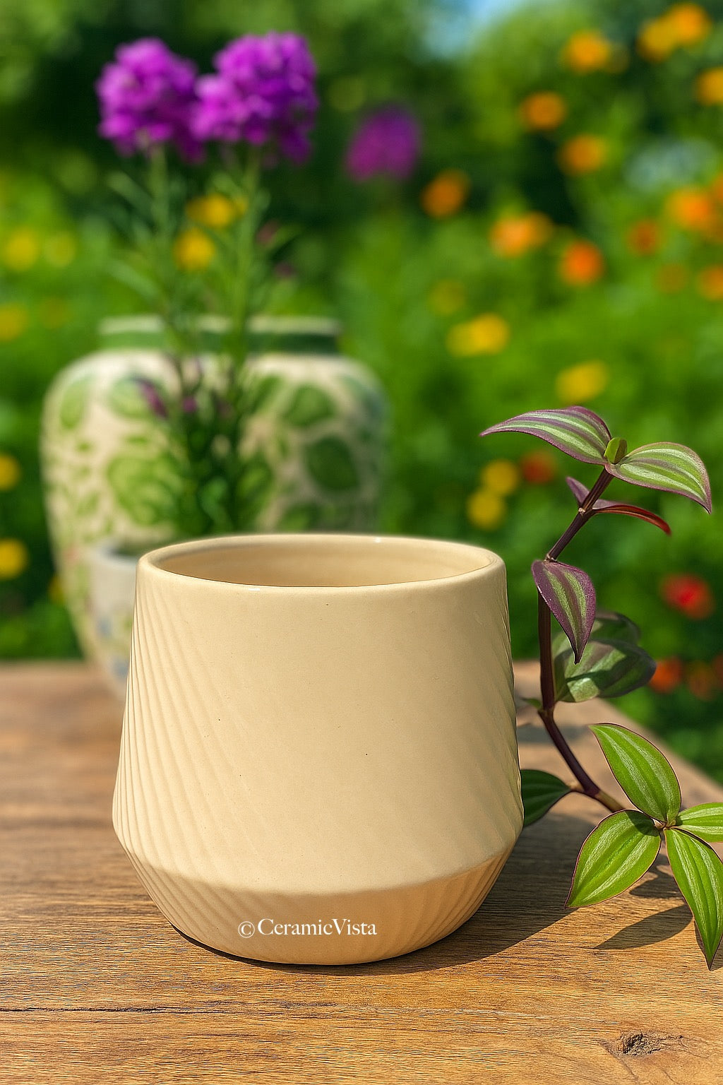 Beige Textured Ceramic Planter – Slant-Ribbed Design | CeramicVista