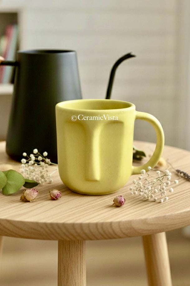 Neon Yellow Face Mug – Modern Minimal Matte Mug | CeramicVista
