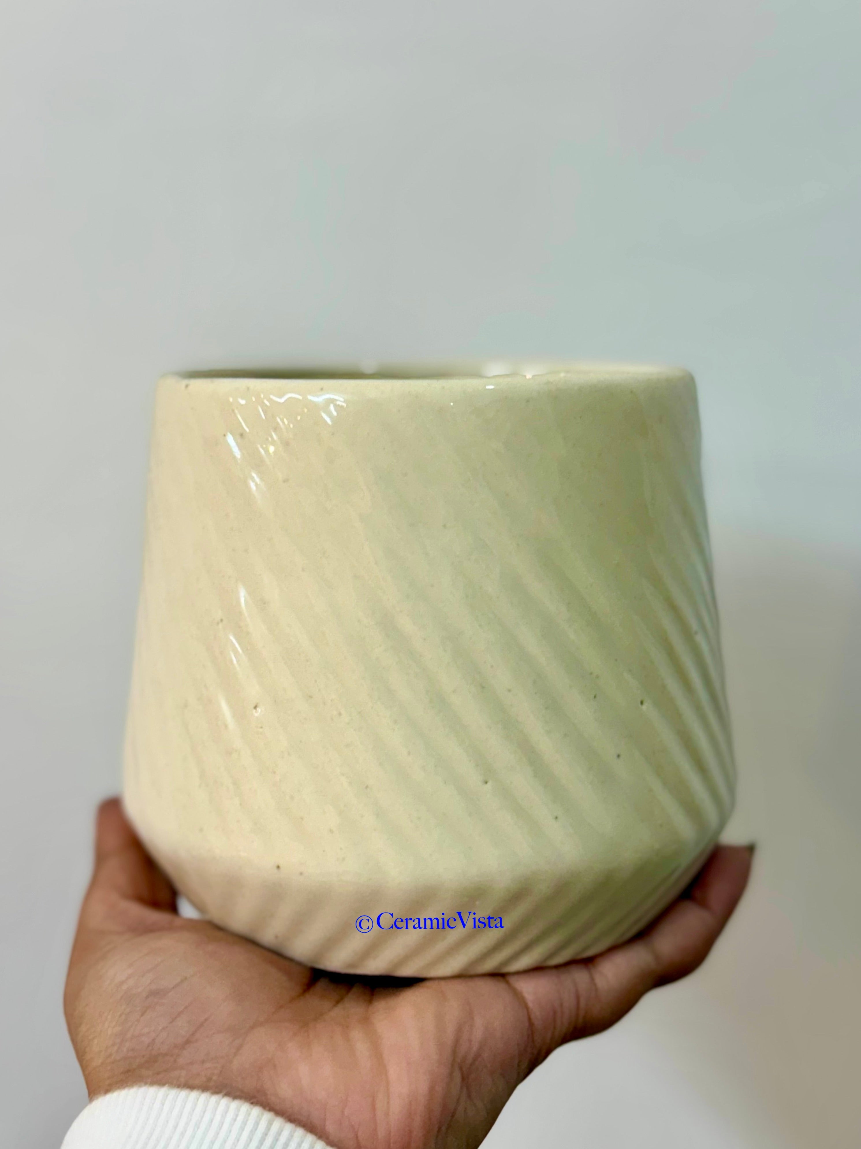 Beige Textured Ceramic Planter – Slant-Ribbed Design | CeramicVista