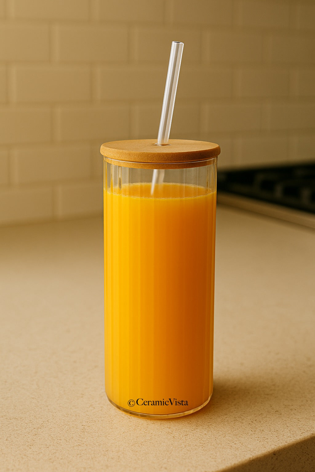 Ribbed Glass Sipper with Bamboo Lid & Glass Straw | CeramicVista