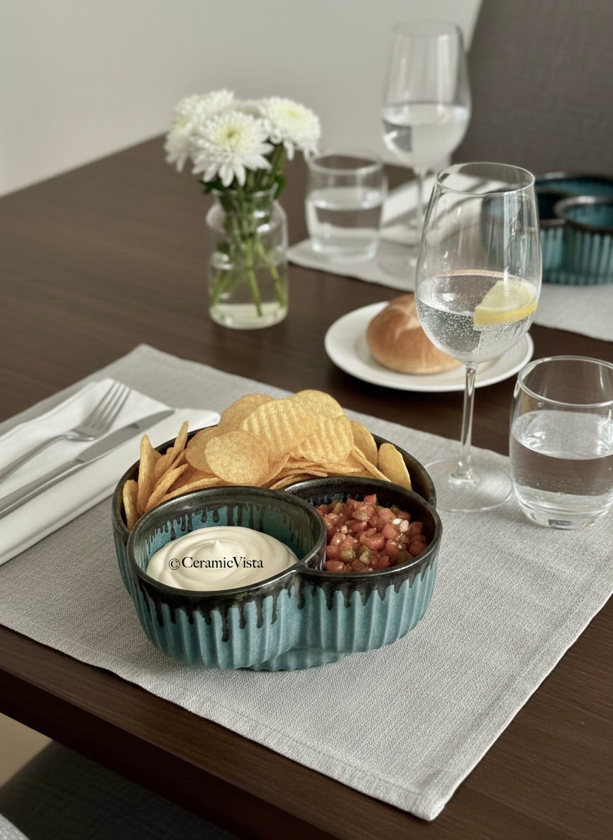 Handcrafted Dual-Compartment Serve Bowl – Teal Drip Glaze Design | CeramicVista