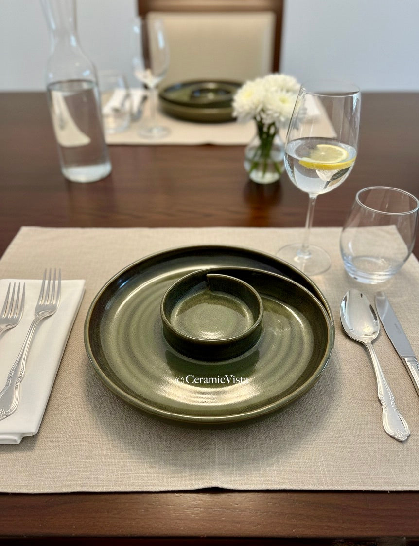 Handcrafted Ceramic Multi-Section Serving Platter – Olive Green Reactive Glaze | CeramicVista
