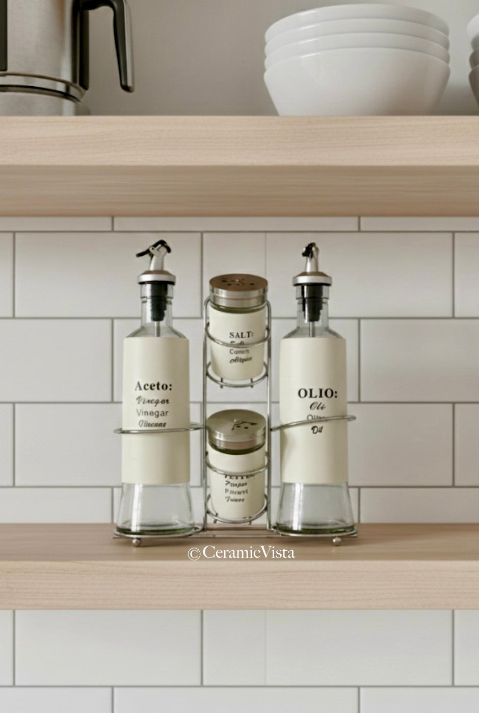 Glass Oil & Vinegar Dispenser Set with Spice Shakers – Stainless Steel Stand | CeramicVista