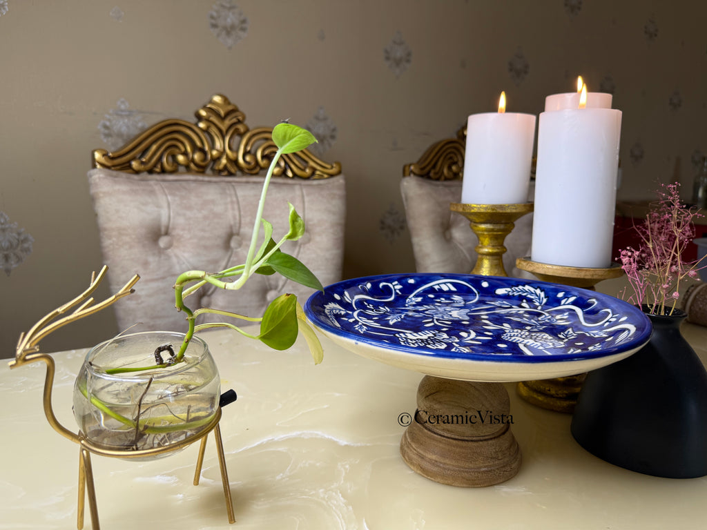 Handcrafted blue pottery cake tray