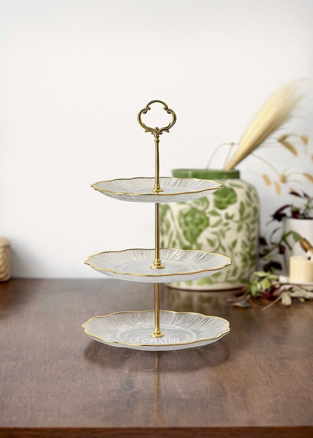 3-Tier Acrylic Serving Stand with Gold Detailing for Cakes, Cupcakes, Cookies & Pastries | CeramicVista