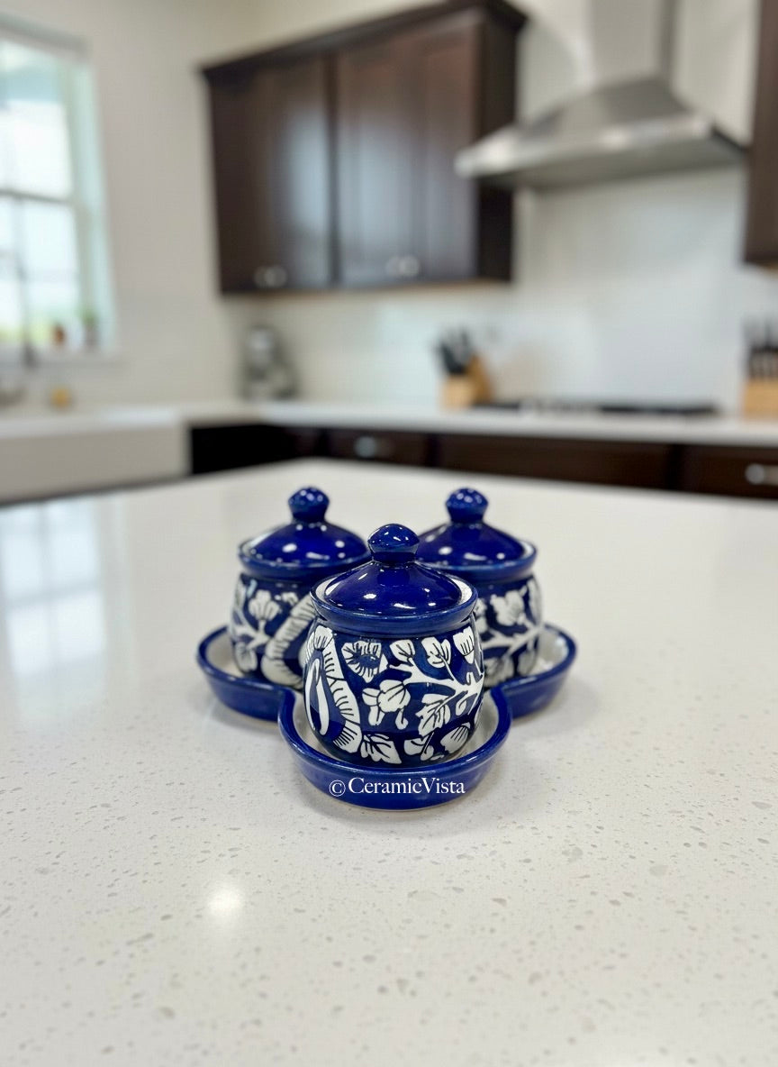 Royal Blue Mughal Hand-Painted 3-Jar Pickle(Achaar)/Spice Set with Tray | CeramicVista