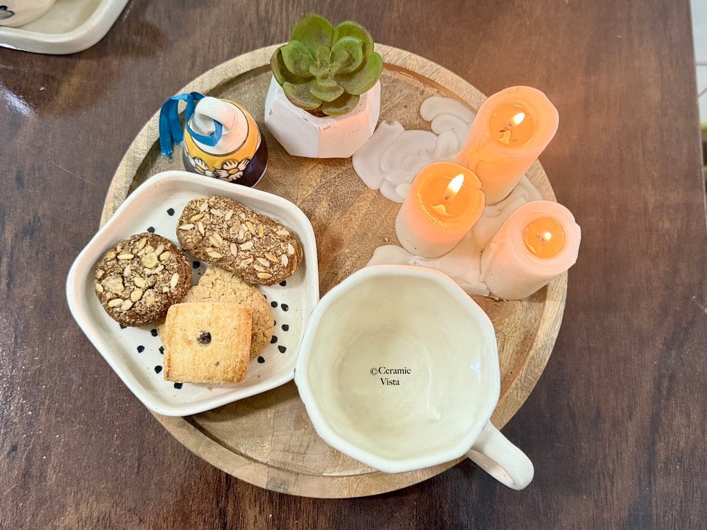 Handcrafted Polka Dot Ceramic Mug With Saucer | CeramicVista