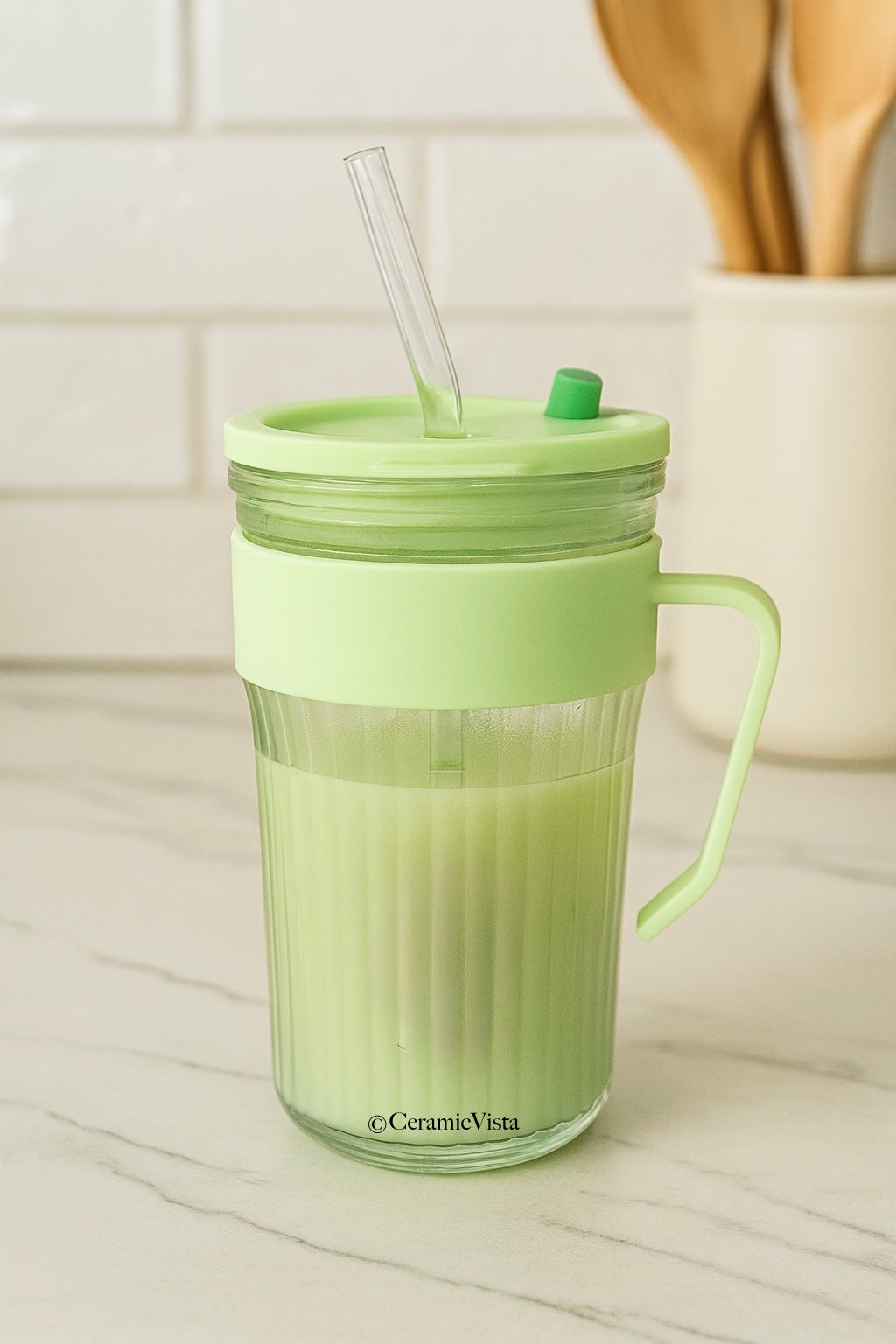 Ribbed Glass Sipper with Handle, Infuser, Lid & Straw | CeramicVista | Soft Lime Green and Pink | CeramicVista