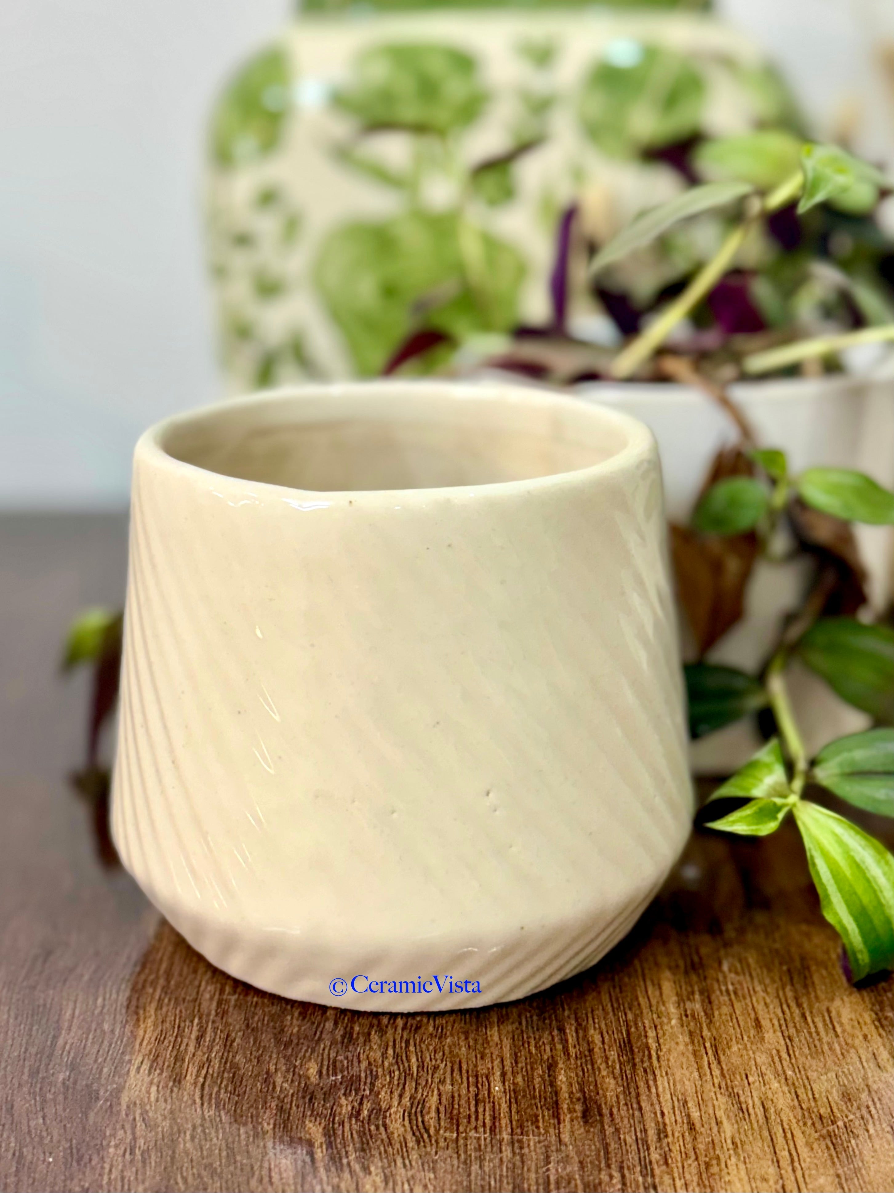 Beige Textured Ceramic Planter – Slant-Ribbed Design | CeramicVista