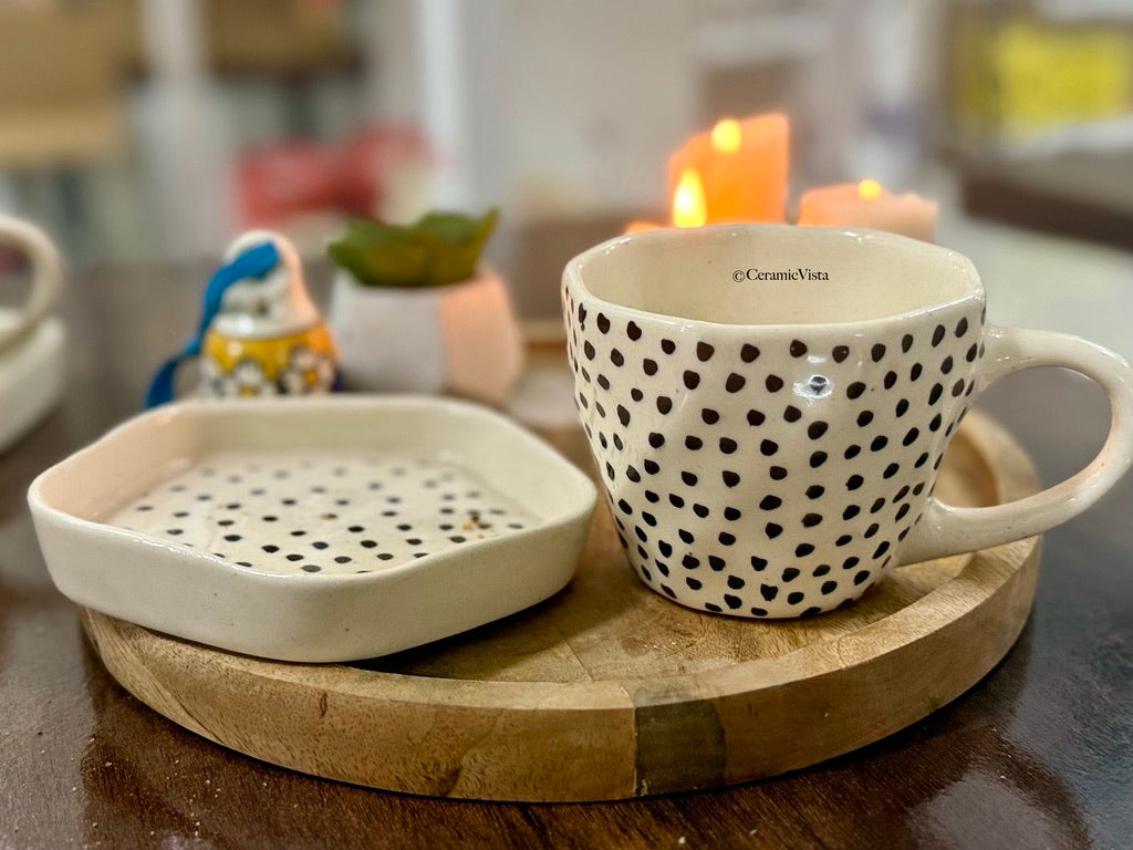 Handcrafted Polka Dot Ceramic Mug With Saucer | CeramicVista