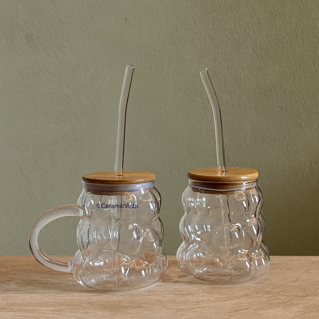 Bubble Glass Tumbler with Wooden Lid & Glass Straw – Handle Variant