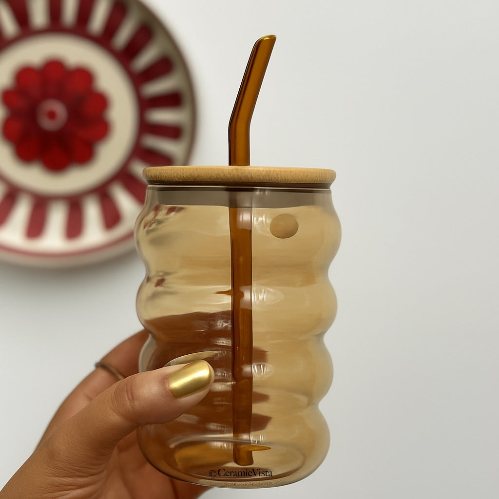Amber Curvy Glass Sipper with Bamboo Lid & Straw | CeramicVista