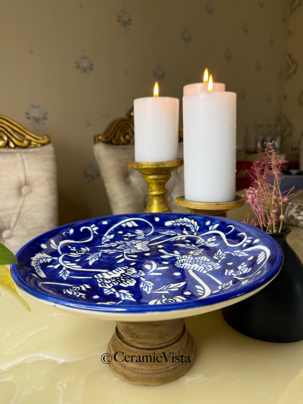 Handcrafted blue pottery cake tray
