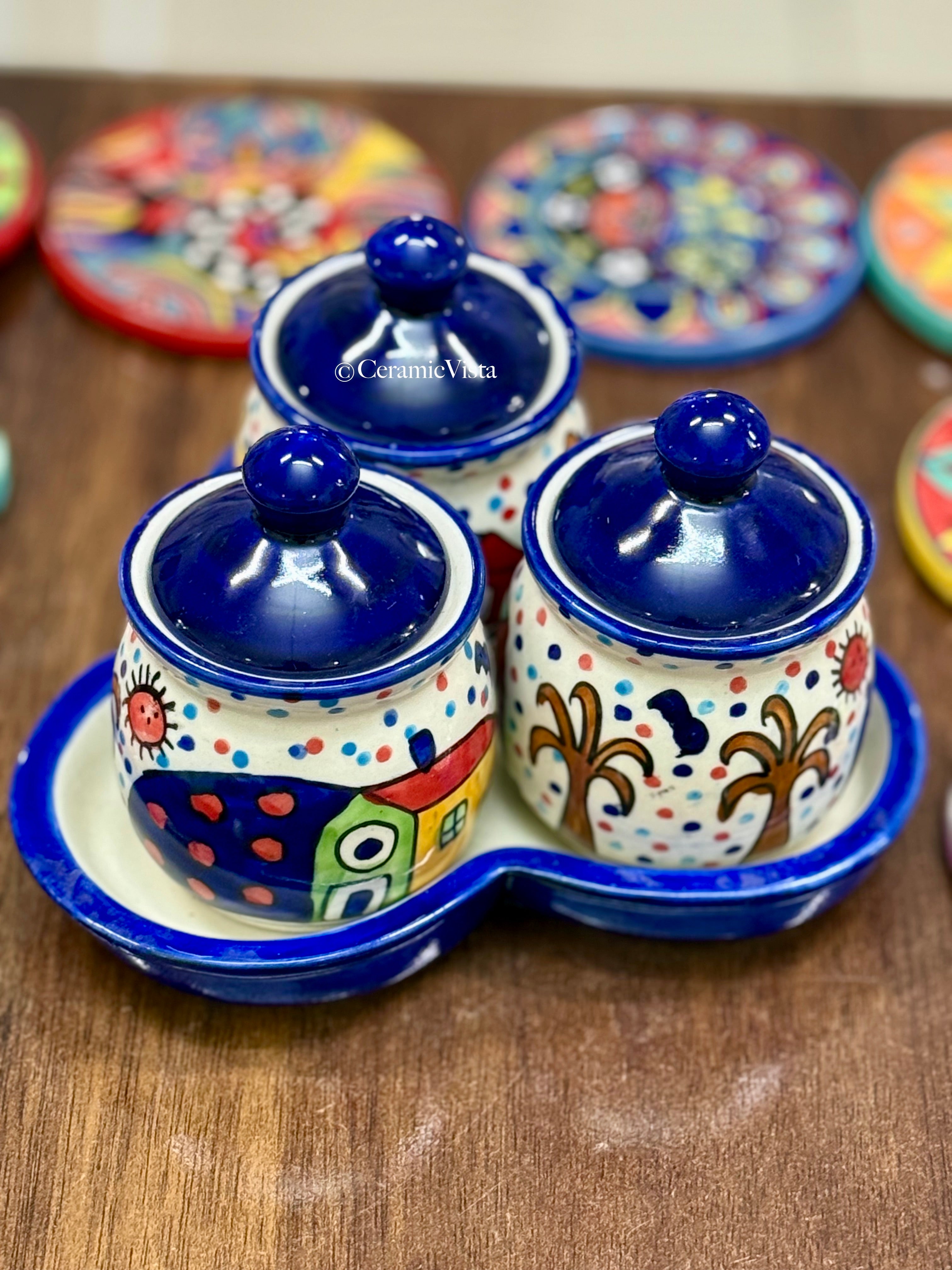 Hand-Painted Colourful Pickle/Achaar & Spice Jar Set with Tray | CeramicVista
