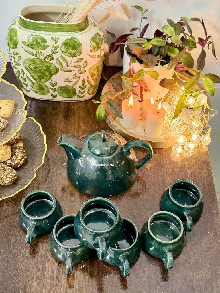 Emerald Glow Tea Set – 1 Kettle + 6 Cups | CeramicVista