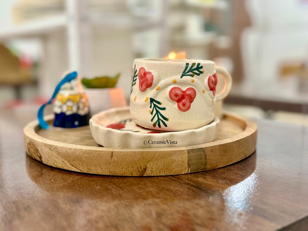 Handcrafted Cherry Ceramic Mug With Saucer – Premium Artistic Set