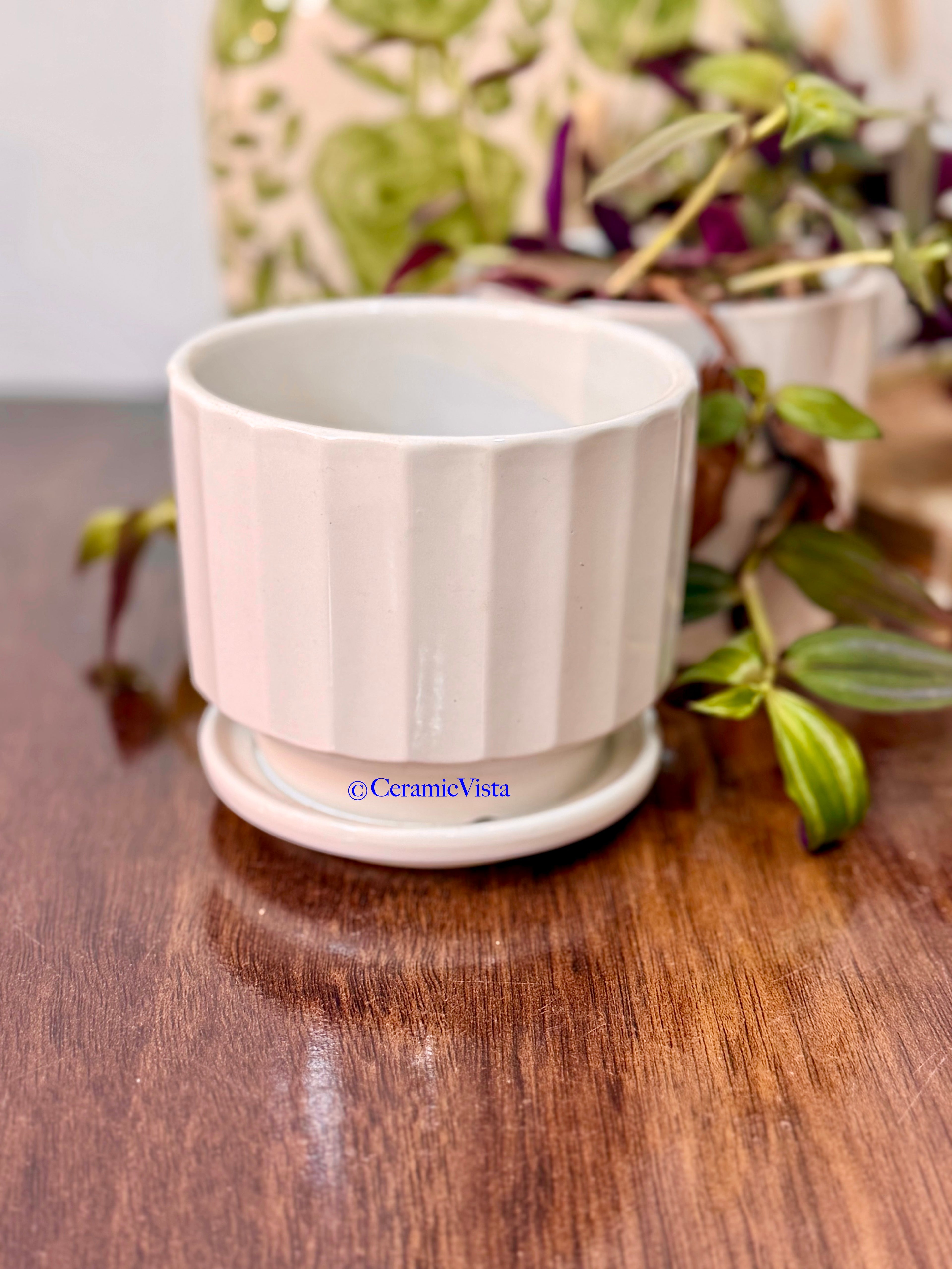 Ivory Ribbed Ceramic Planter with Tray | CeramicVista