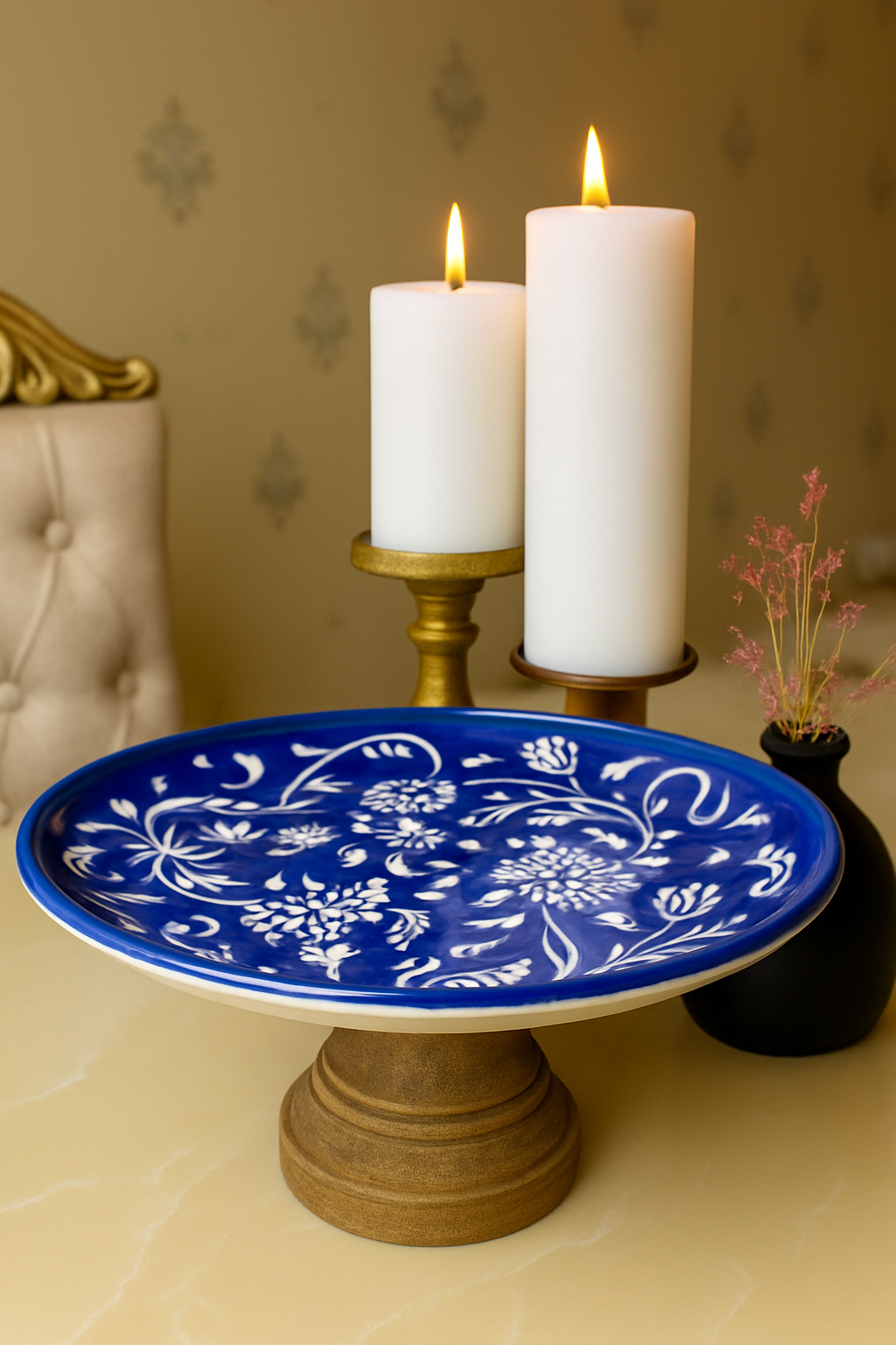 Handcrafted blue pottery cake tray