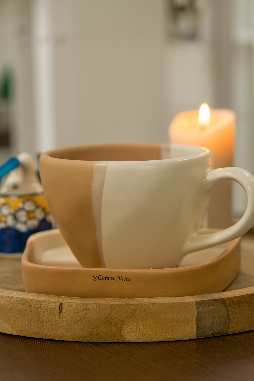 Two-Tone Ceramic Mug With Saucer – Minimal Handcrafted Set