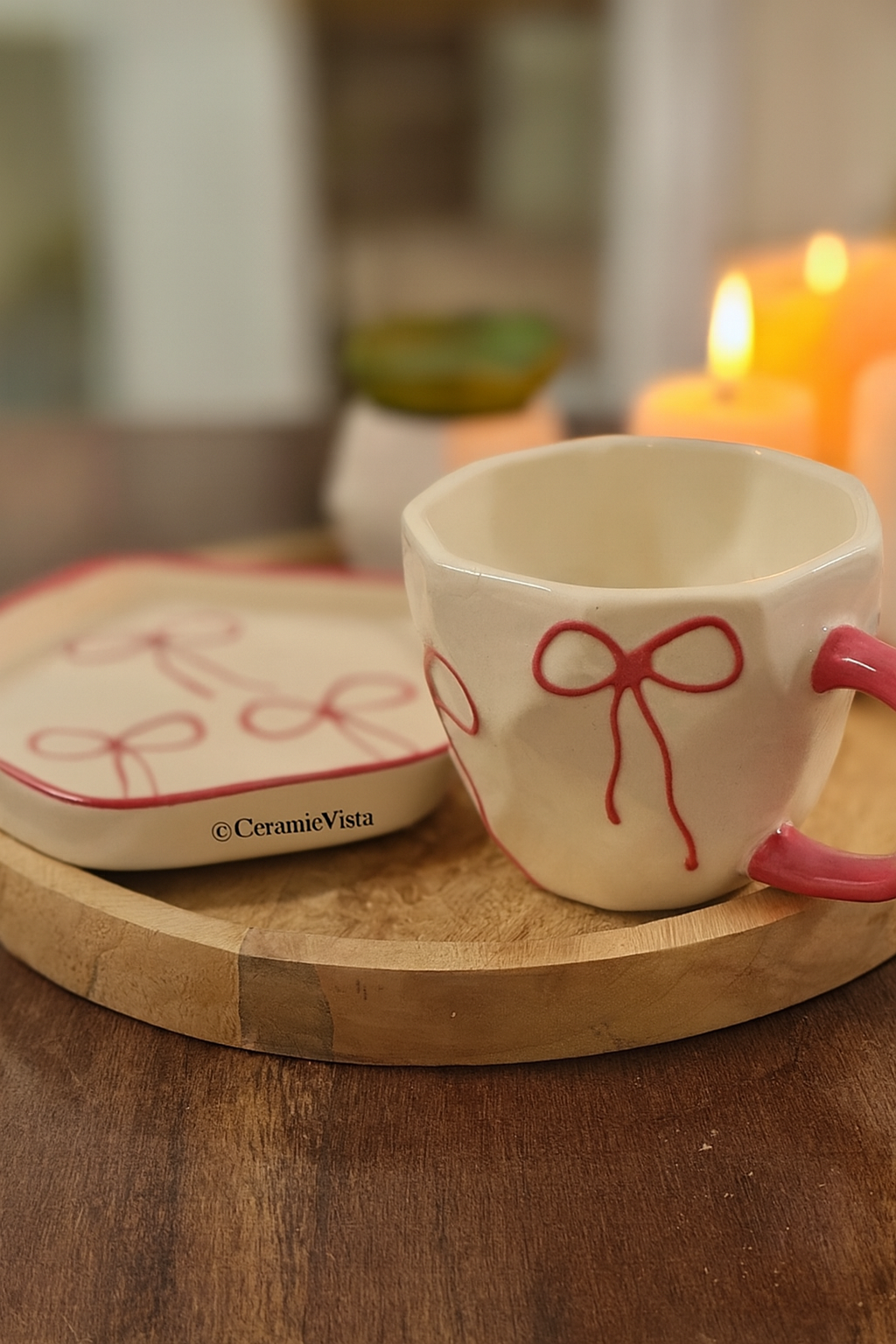 Handcrafted Bow Ceramic Mug With Saucer | CeramicVista