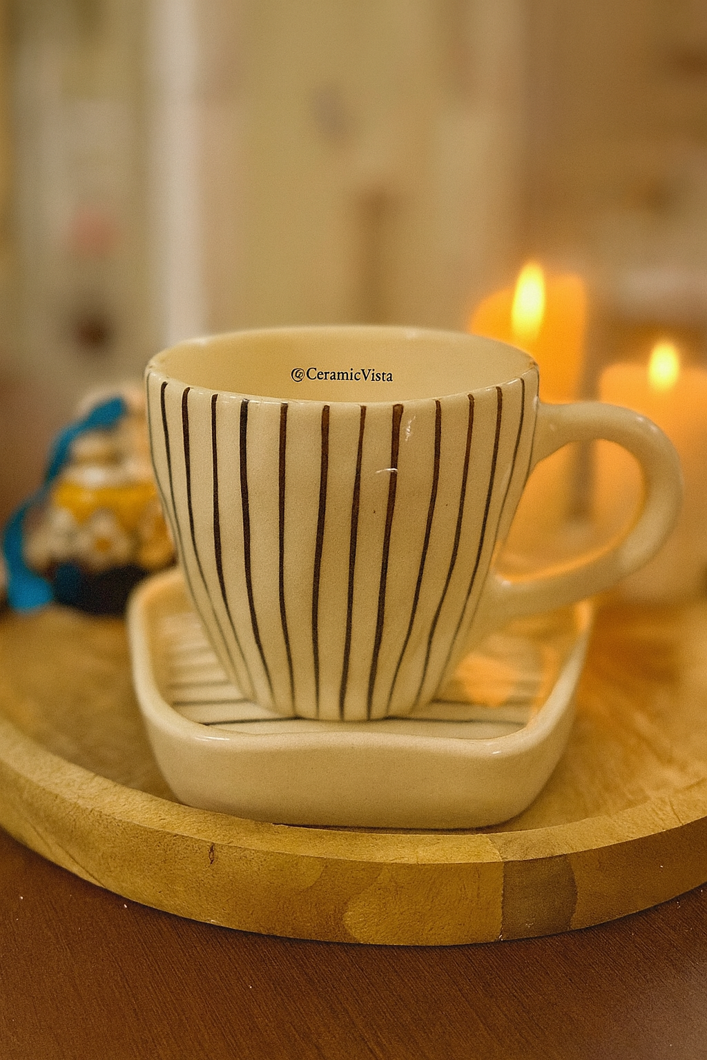 Striped Ceramic Mug With Matching Saucer | CeramicVista