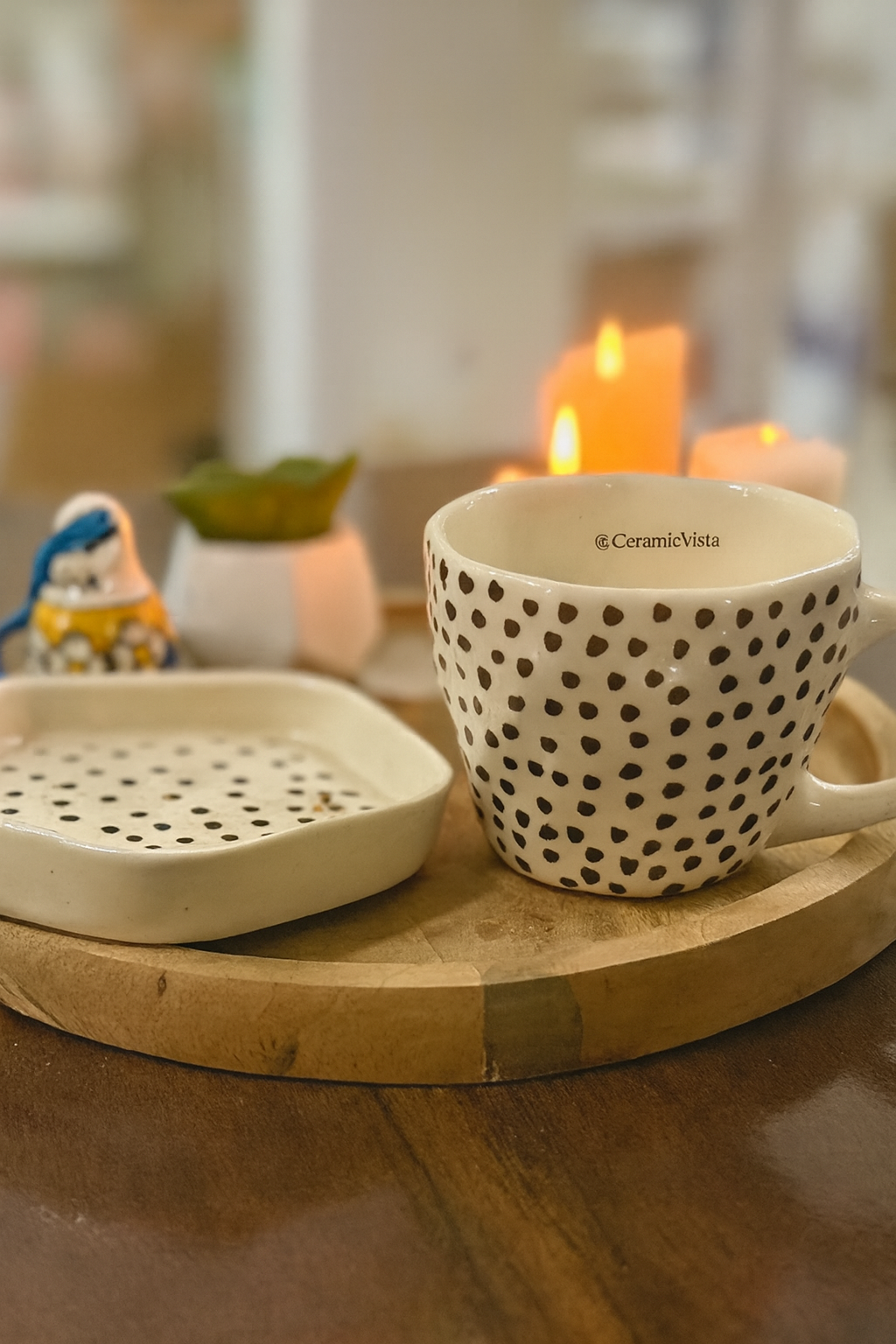 Handcrafted Polka Dot Ceramic Mug With Saucer | CeramicVista