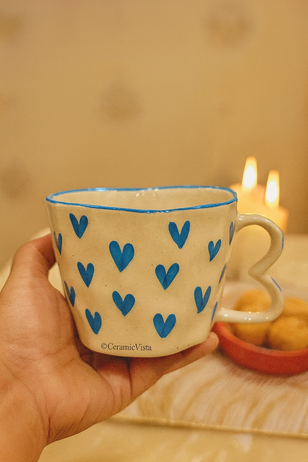 Midnight Romance - Heart Ceramic Mug- Pink, Blue, Heart Prints, White