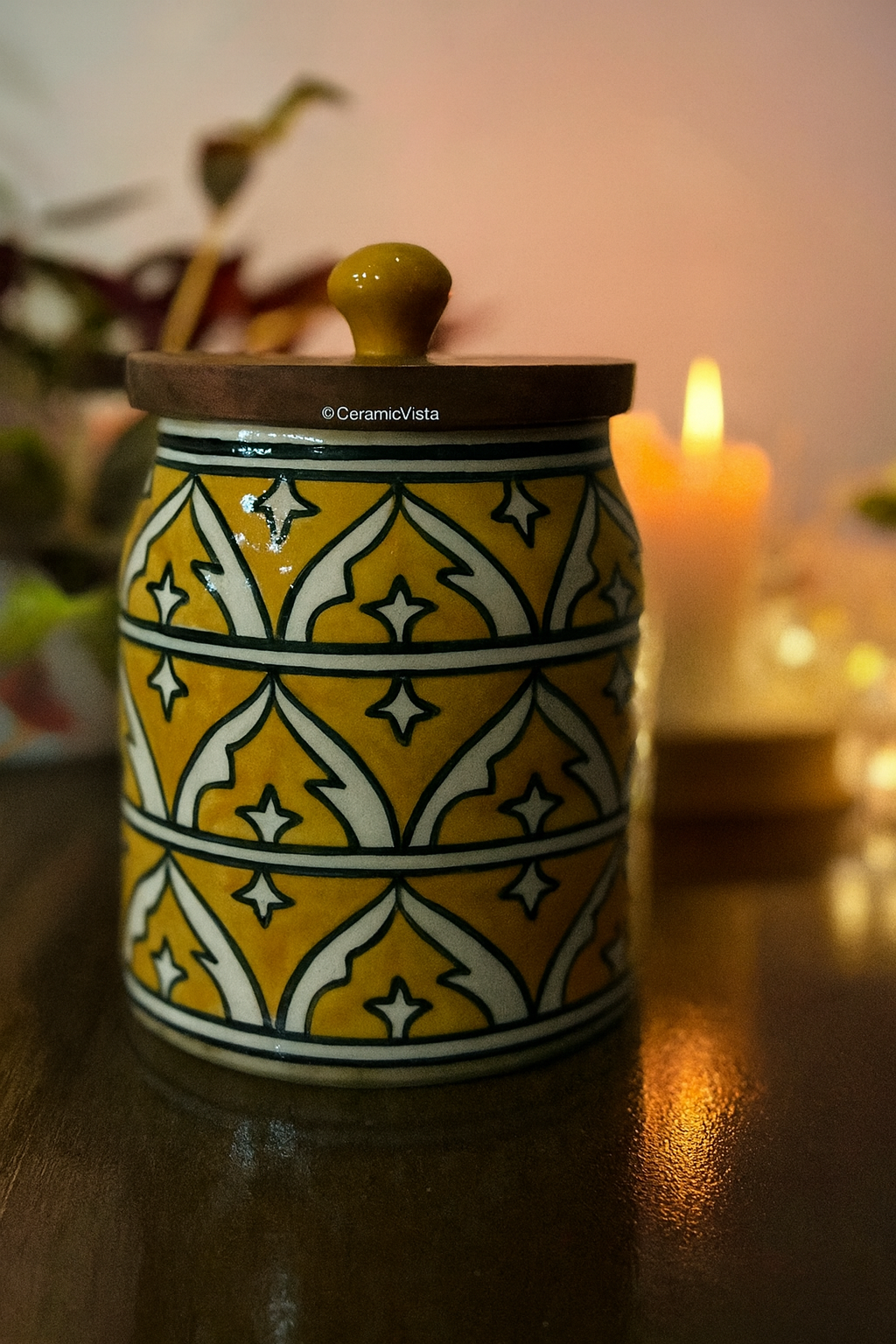 Yellow Moroccan Print Ceramic Jar with Airtight Wooden Lid | CeramicVista