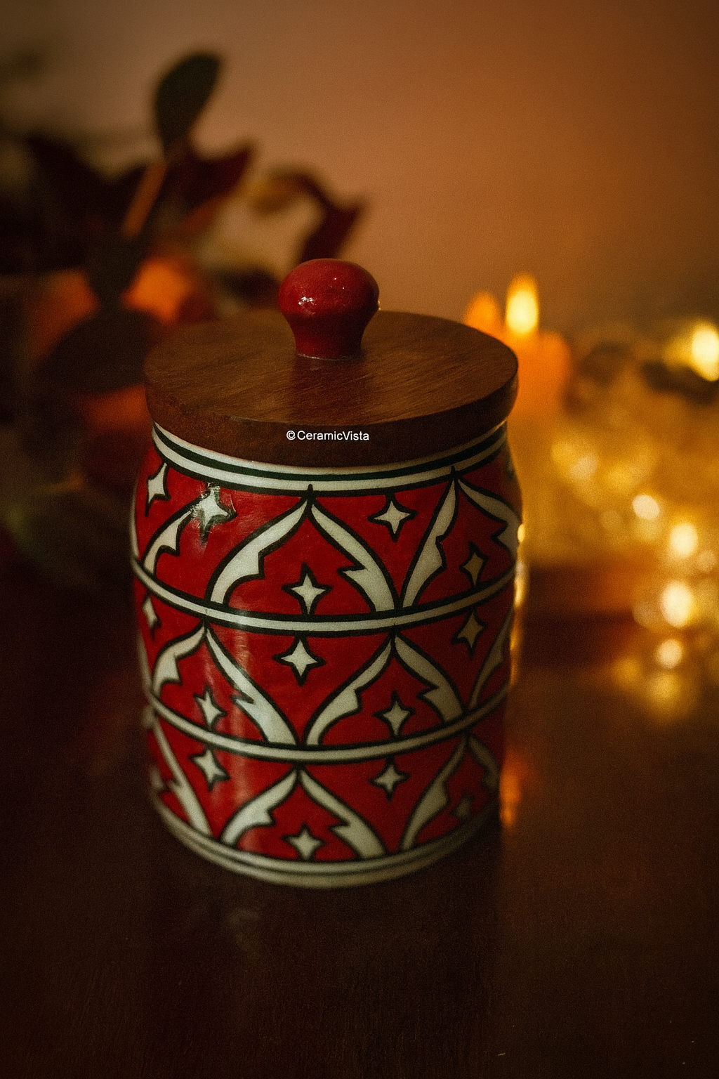 Red Moroccan Hand-Painted Ceramic Jar with Wooden Lid | CeramicVista