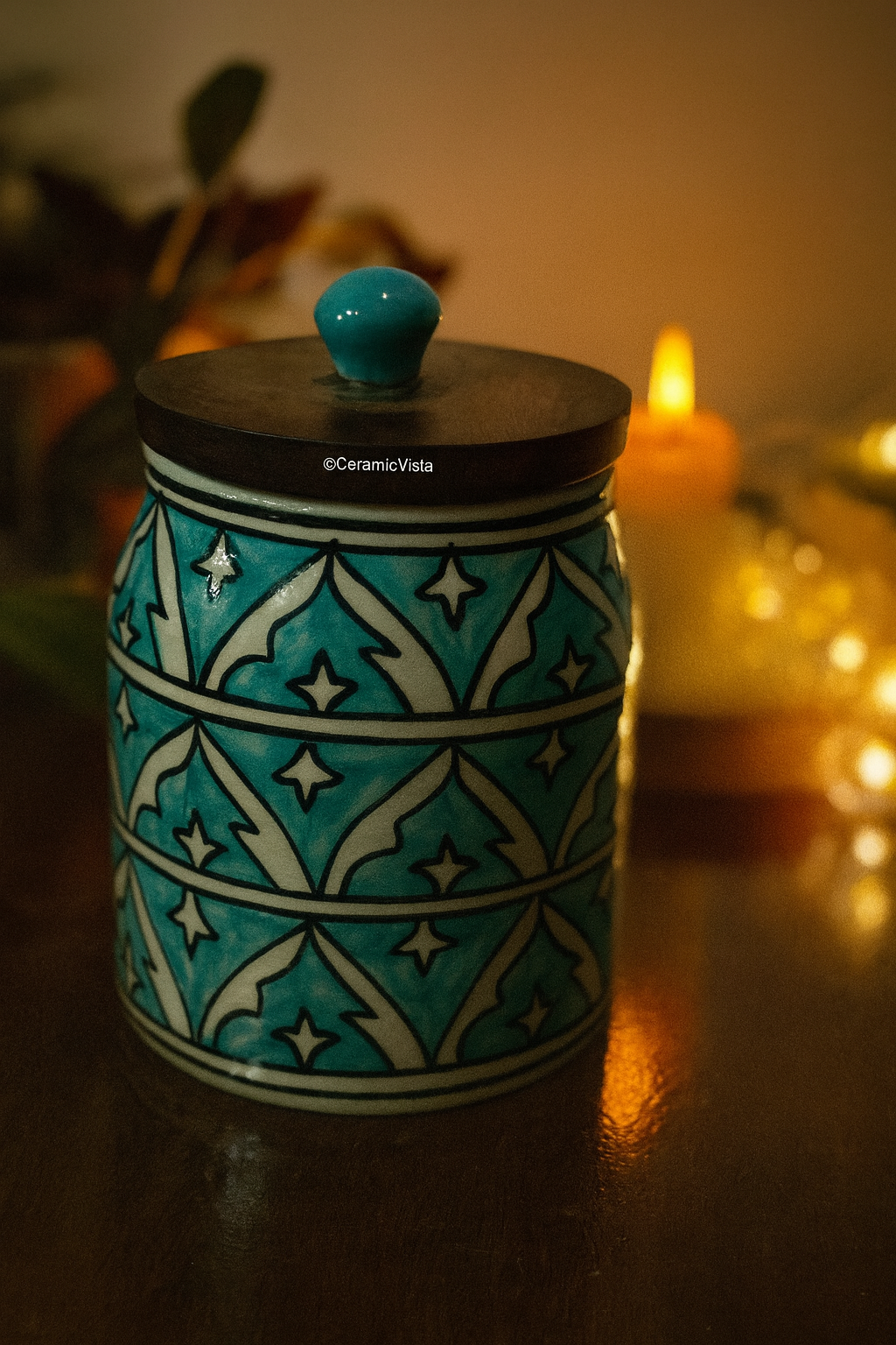 Blue-Cyan Moroccan Hand-Painted Ceramic Jar with Wooden Lid | CeramicVista