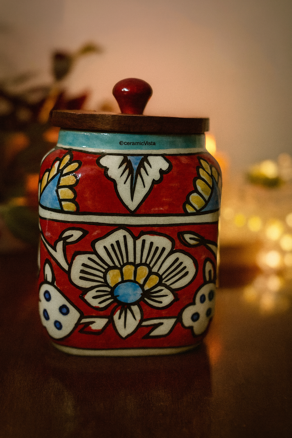 Red Floral Hand-Painted Ceramic Storage Jar(soft-square) with Wooden Lid | CeramicVista