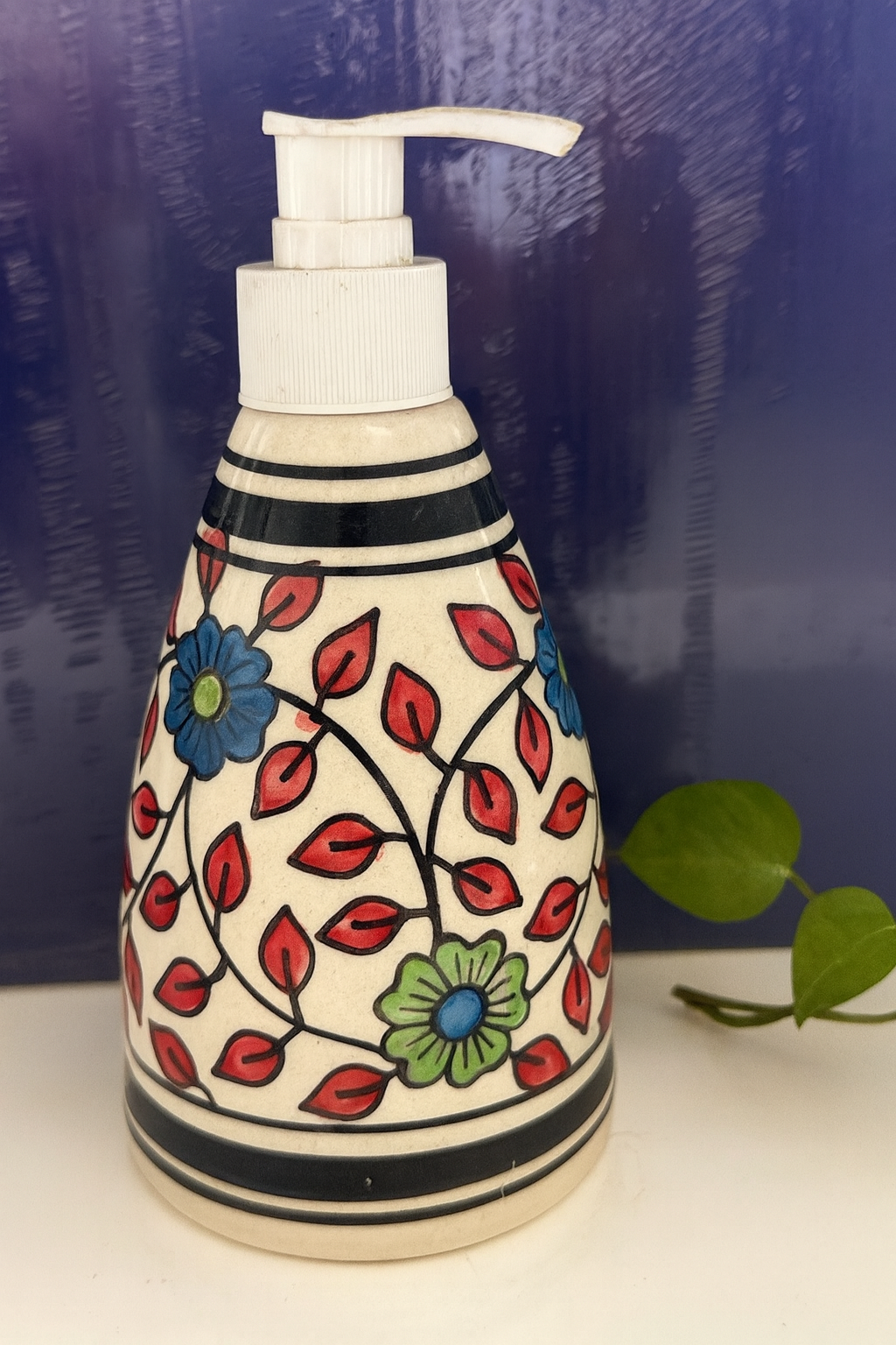 Pear-Shaped Red Leaf & Blue-Green Floral Ceramic Soap Dispenser | Handcrafted | CeramicVista