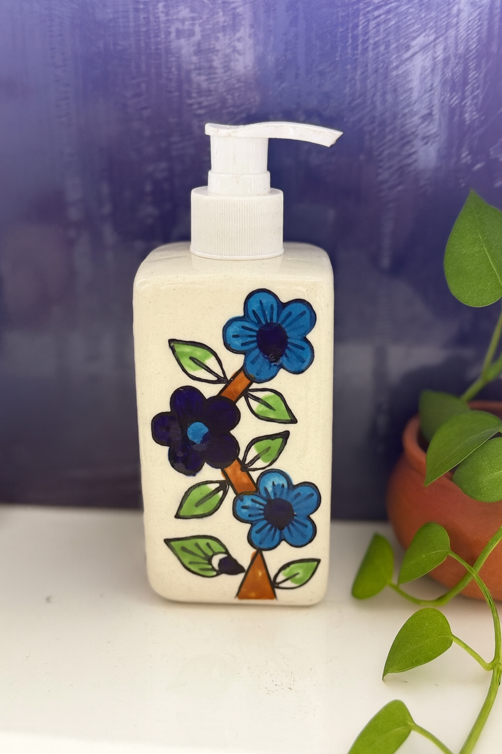 Blue & Purple Floral Hand-Painted Rectangular Ceramic Soap Dispenser | CeramicVista