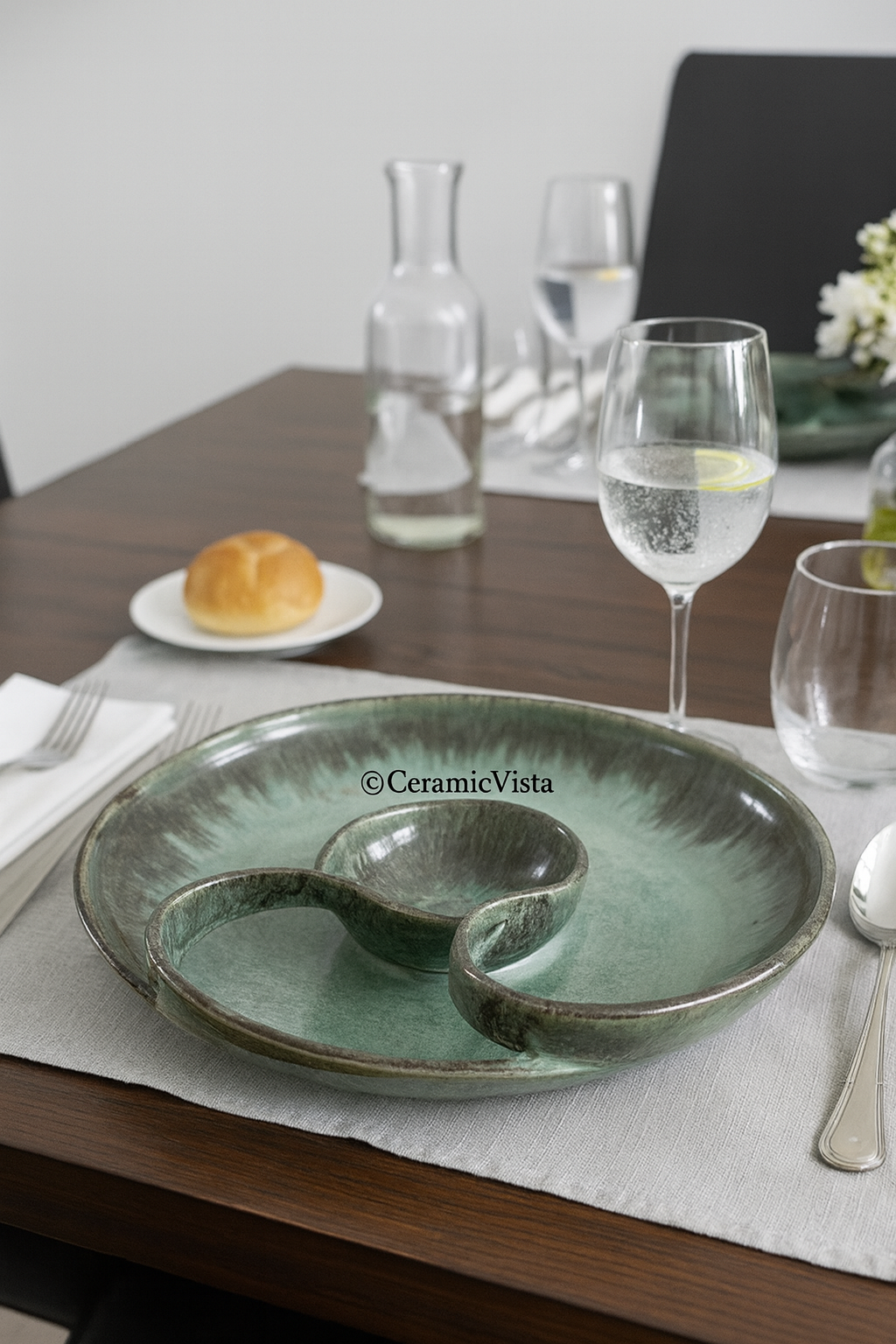Handcrafted Ceramic Chip & Dip Platter – Deep Green Reactive Glaze Serving Set | CeramicVista
