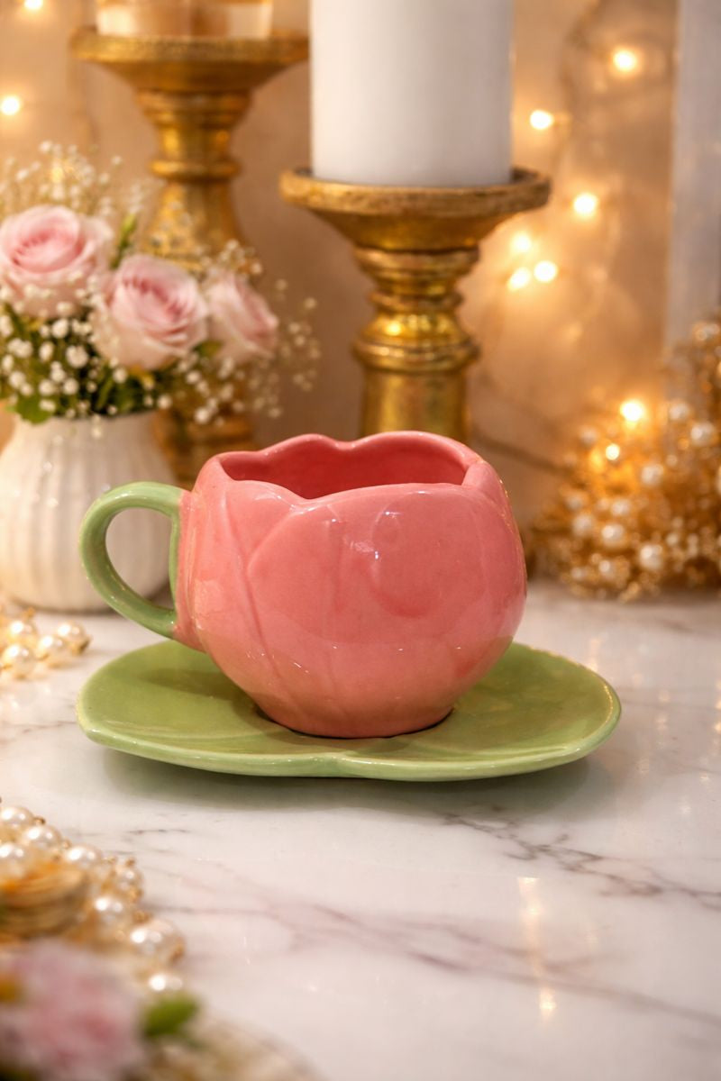 Pink Tulip Cup & Leaf Saucer Set