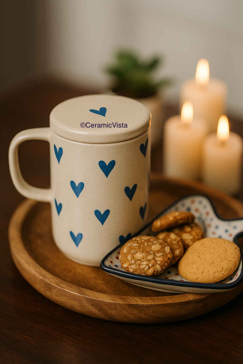 Heart Mug with Lid – Cute Ceramic Mug for Tea & Coffee- Red, Blue, Black Hearts, Double-tone