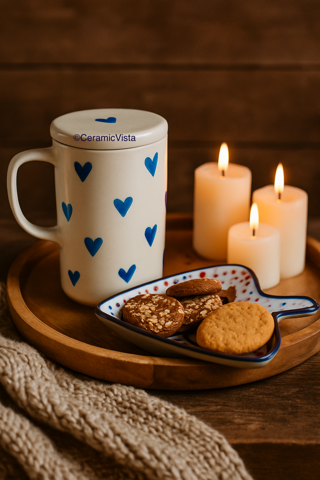 Heart Mug with Lid – Cute Ceramic Mug for Tea & Coffee- Red, Blue, Black Hearts, Double-tone