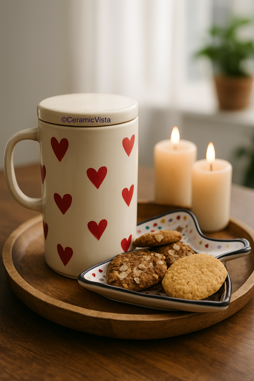 Heart Mug with Lid – Cute Ceramic Mug for Tea & Coffee- Red, Blue, Black Hearts, Double-tone