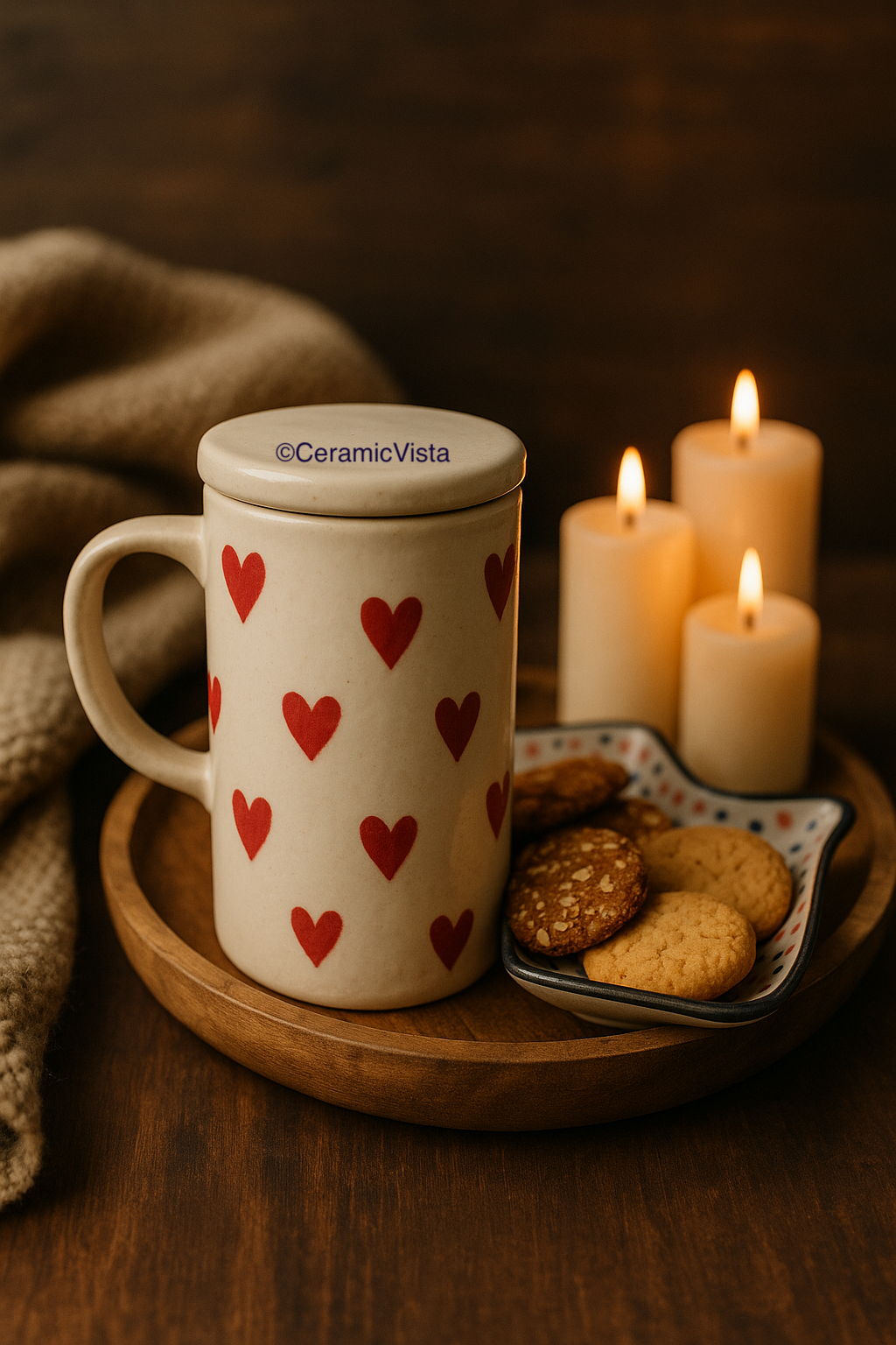 Heart Mug with Lid – Cute Ceramic Mug for Tea & Coffee- Red, Blue, Black Hearts, Double-tone