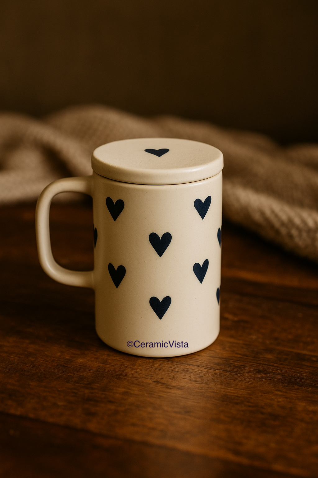 Heart Mug with Lid – Cute Ceramic Mug for Tea & Coffee- Red, Blue, Black Hearts, Double-tone