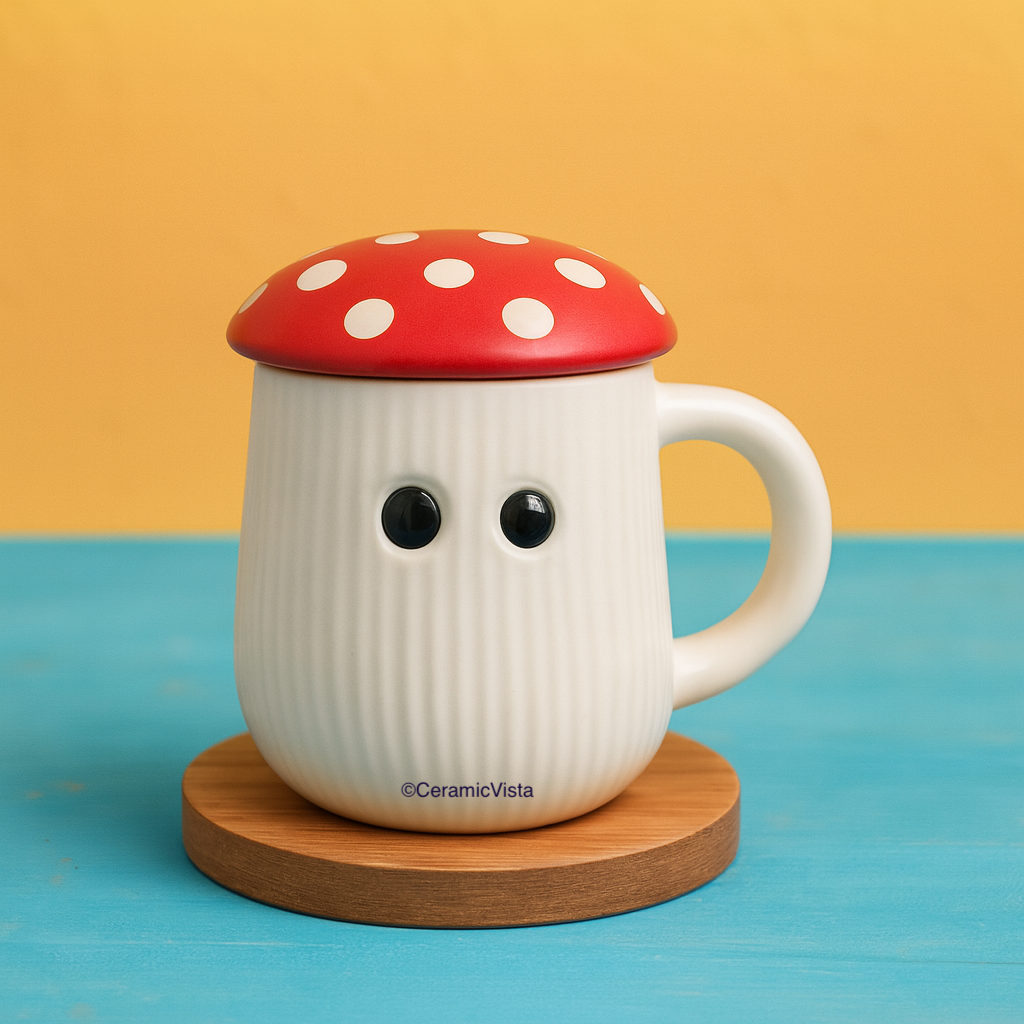 Mushroom Ceramic Mug with Lid – Cute Toadstool Cup (Brown, Red & Pink Lid)
