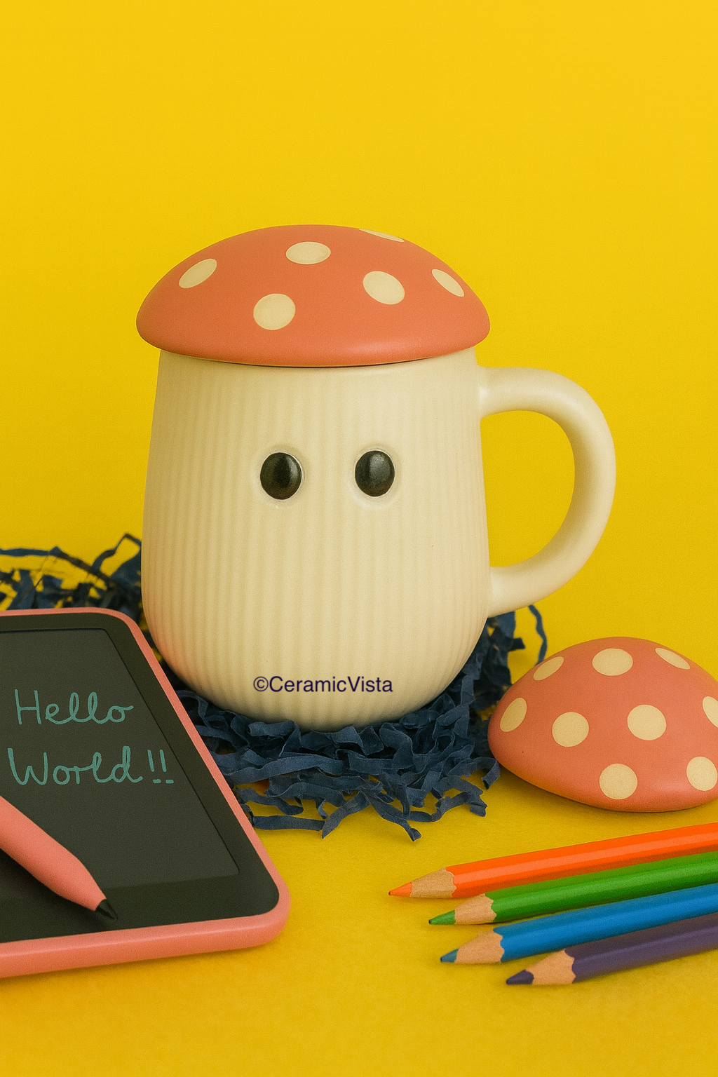 Mushroom Ceramic Mug with Lid – Cute Toadstool Cup (Brown, Red & Pink Lid)