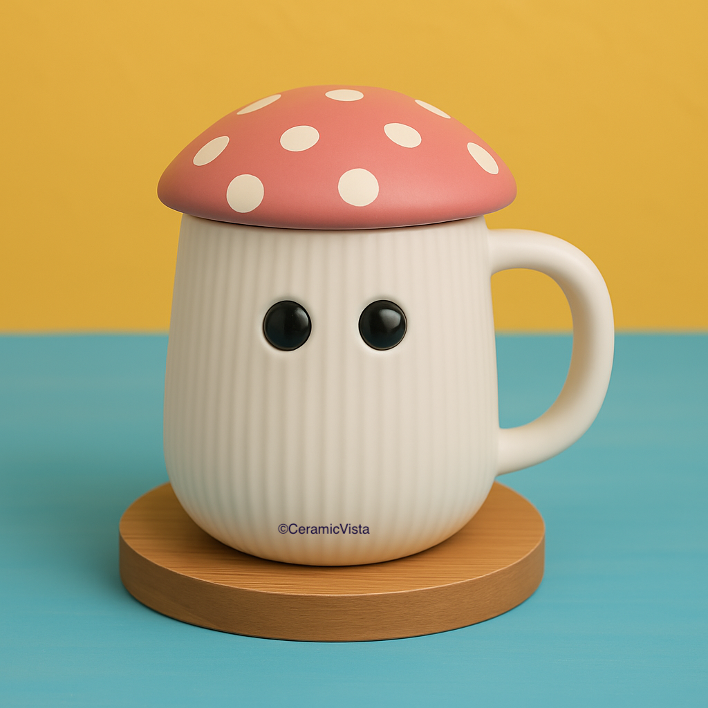 Mushroom Ceramic Mug with Lid – Cute Toadstool Cup (Brown, Red & Pink Lid)