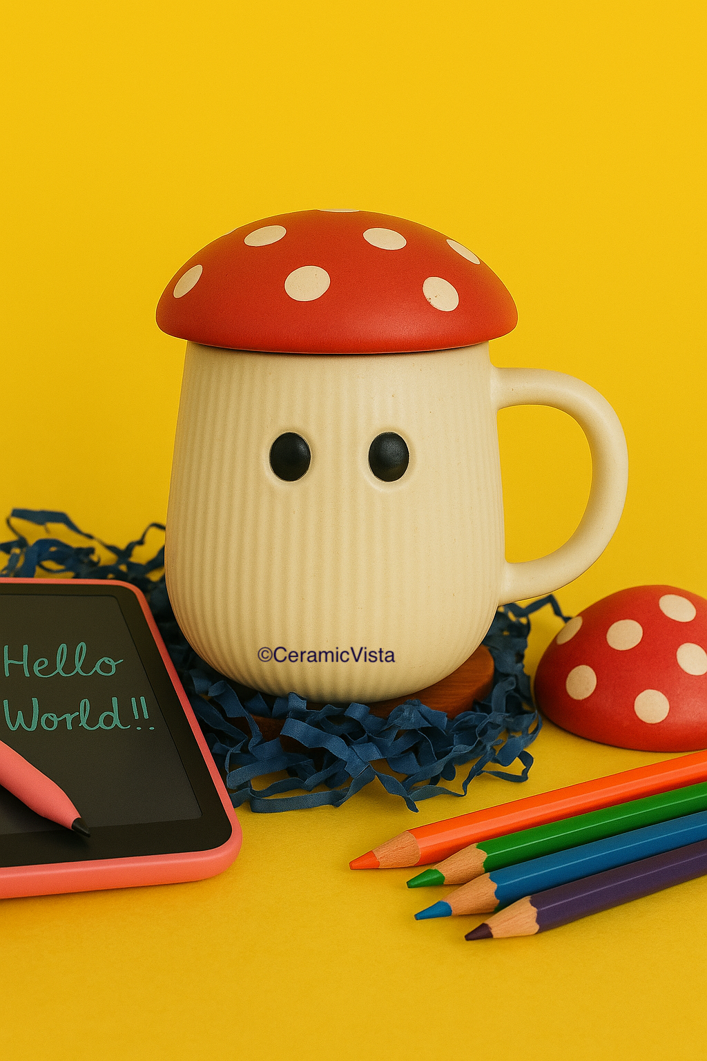 Mushroom Ceramic Mug with Lid – Cute Toadstool Cup (Brown, Red & Pink Lid)