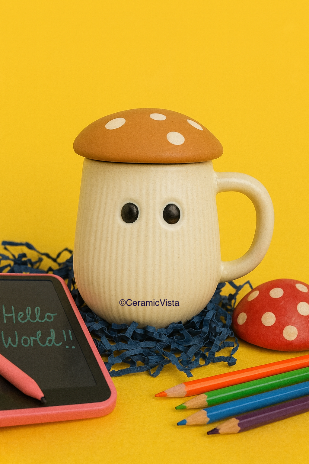 Mushroom Ceramic Mug with Lid – Cute Toadstool Cup (Brown, Red & Pink Lid)