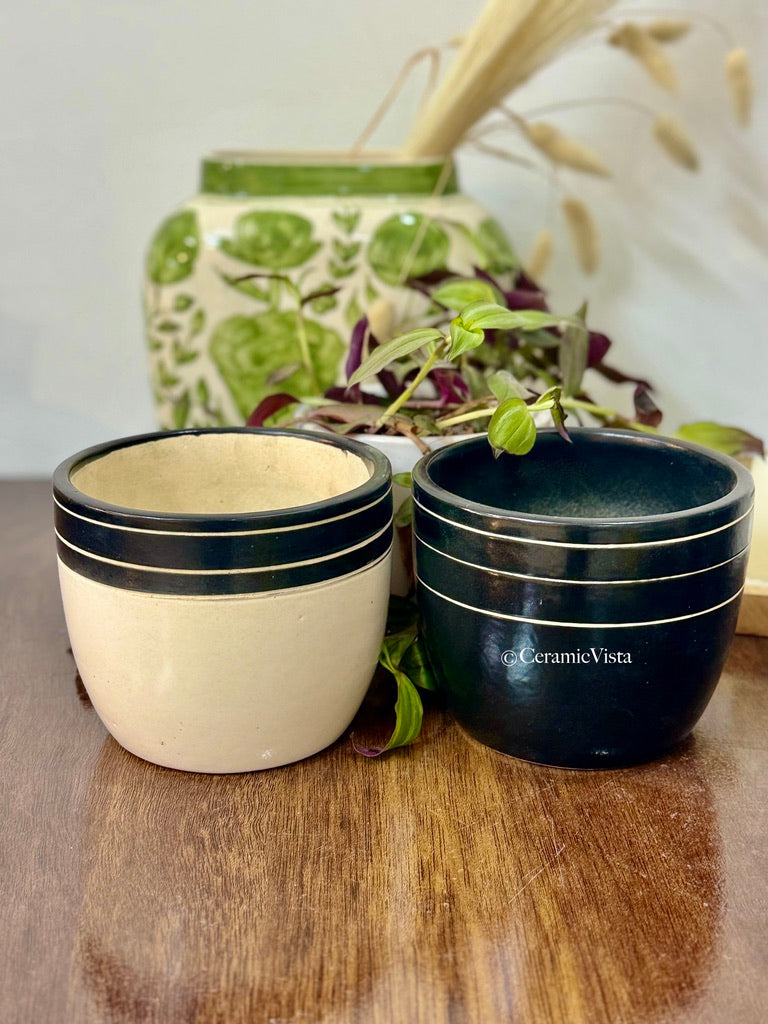 Black & Ivory Minimal Line Planter Duo | CeramicVista
