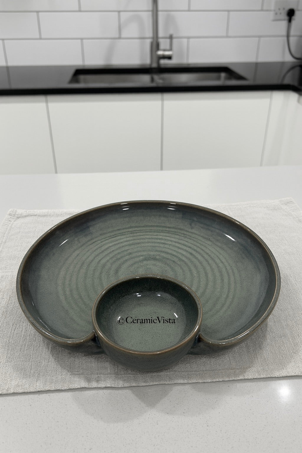 Handcrafted Ceramic Chip & Dip Platter – Deep Green Reactive Glaze Serving Dish | CeramicVista