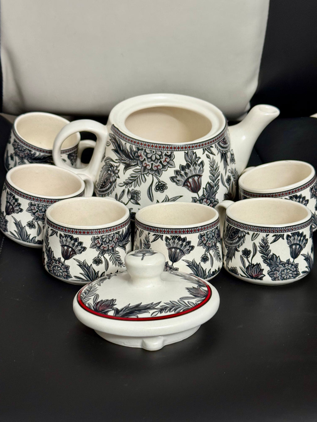 Hand-Painted Noir Blossom Ceramic Teapot Set (1 Kettle + 6 Cups) | CeramicVista