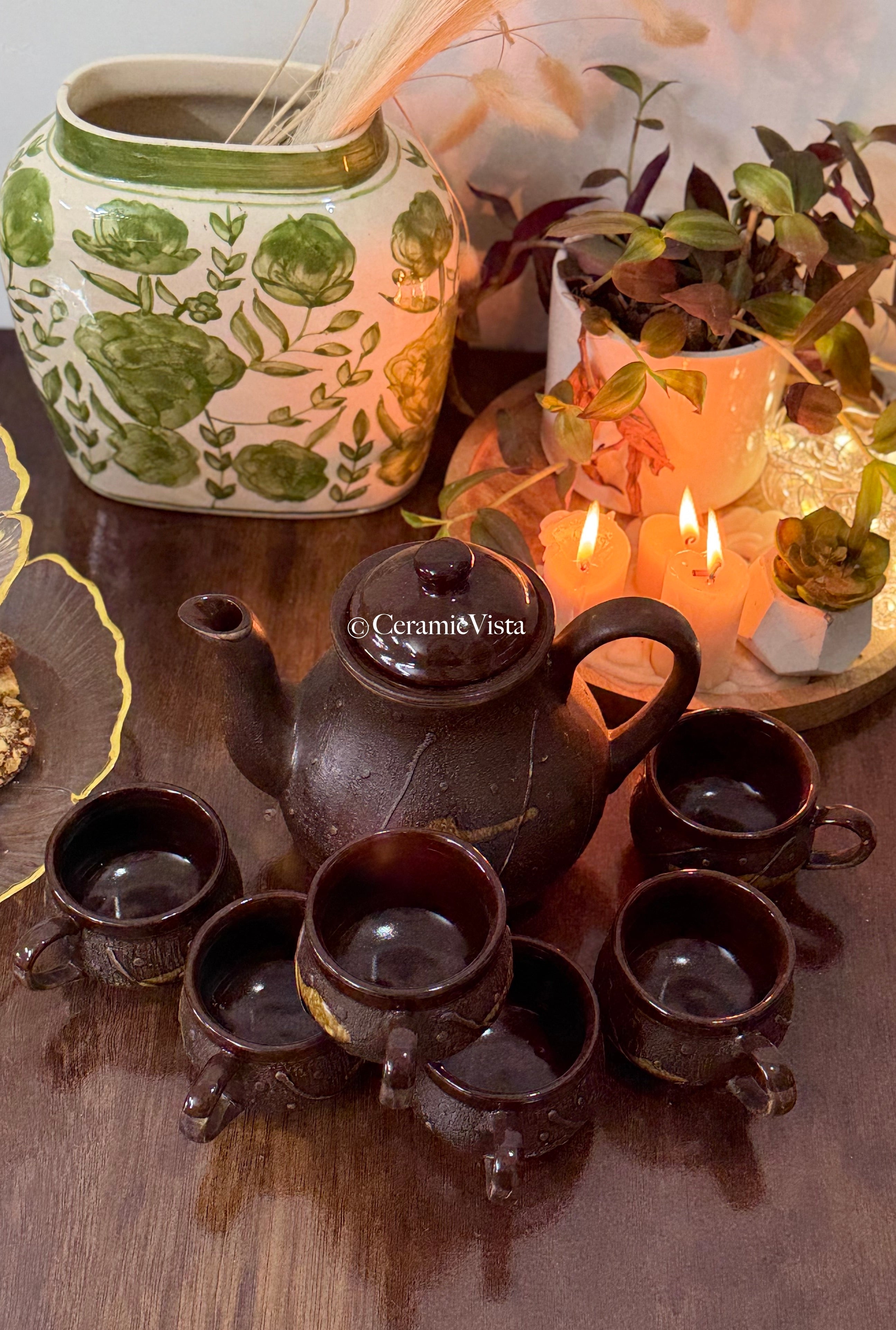 Rustic Cocoa Stoneware Tea Set – 1 Kettle + 6 Cups | CeramicVista